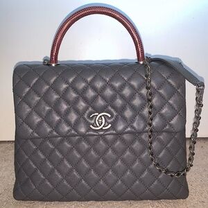 Large Chanel Handle Lizard Trim, Grey and Burgundy Handbag